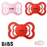 BIBS Supreme Schnuller mit Namen, Gr. 2, 1 Babypink, 2 Candy Apple, Symmetrisch Silikon, 3'er Pack